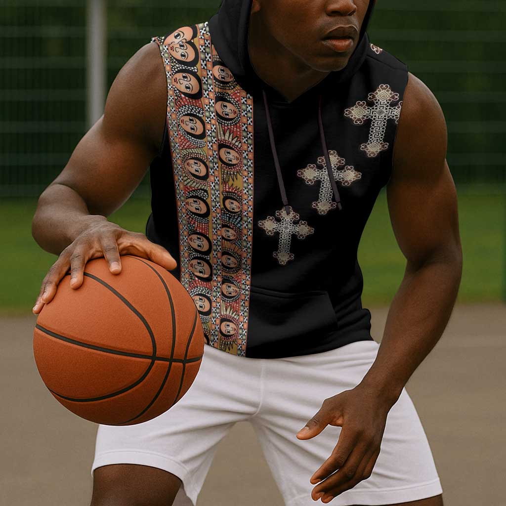Ethiopia Angels Tilet With Cross Sleeveless Hoodie Black Color - African Pride