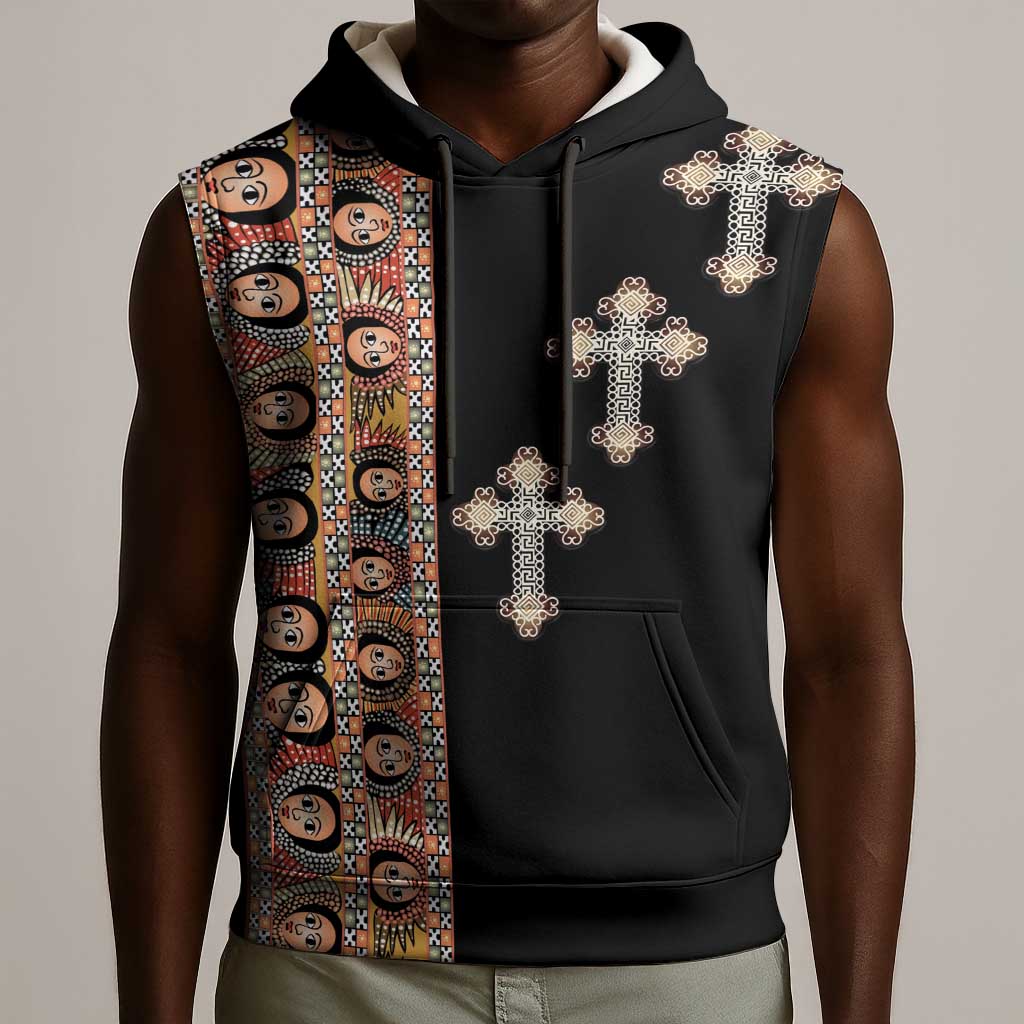 Ethiopia Angels Tilet With Cross Sleeveless Hoodie Black Color - African Pride