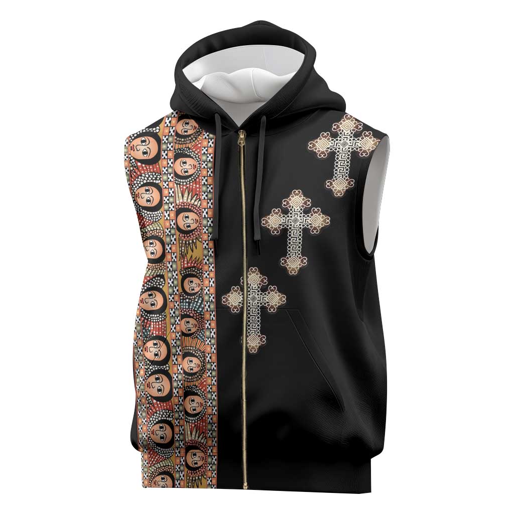 Ethiopia Angels Tilet With Cross Sleeveless Zip Hoodie Black Color - African Pride