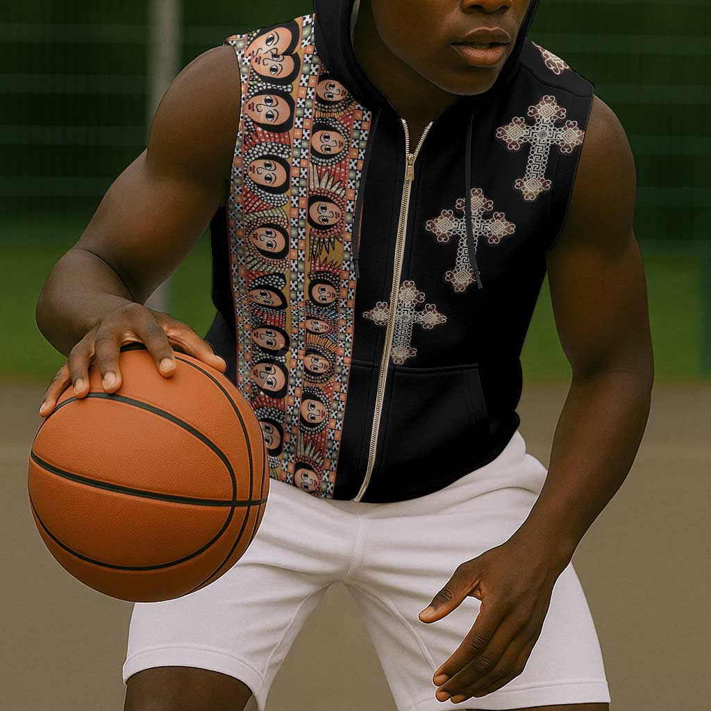 Ethiopia Angels Tilet With Cross Sleeveless Zip Hoodie Black Color - African Pride