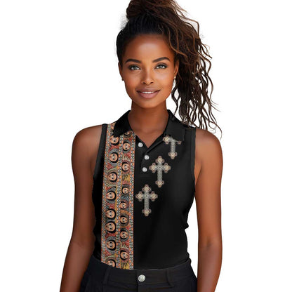 Ethiopia Angels Tilet With Cross Women Sleeveless Polo Shirt Black Color