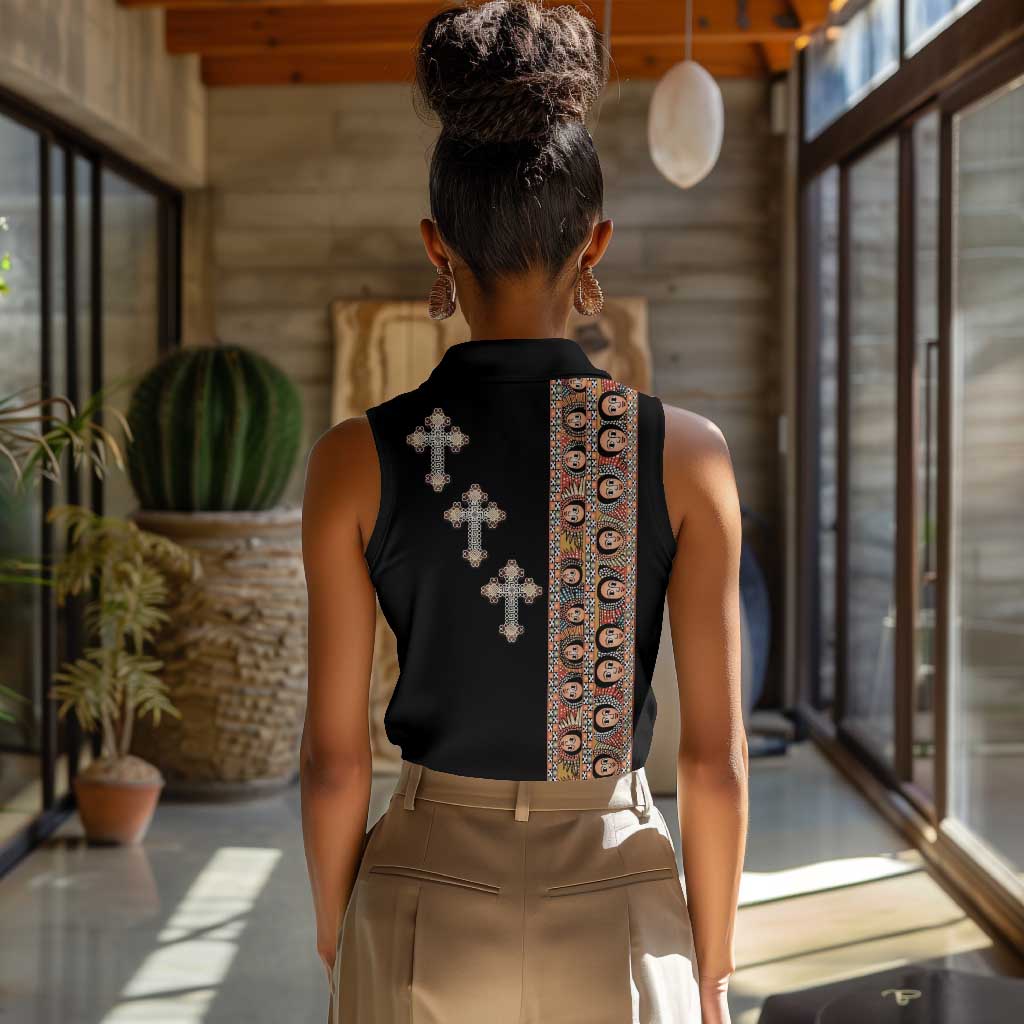 Ethiopia Angels Tilet With Cross Women Sleeveless Polo Shirt Black Color