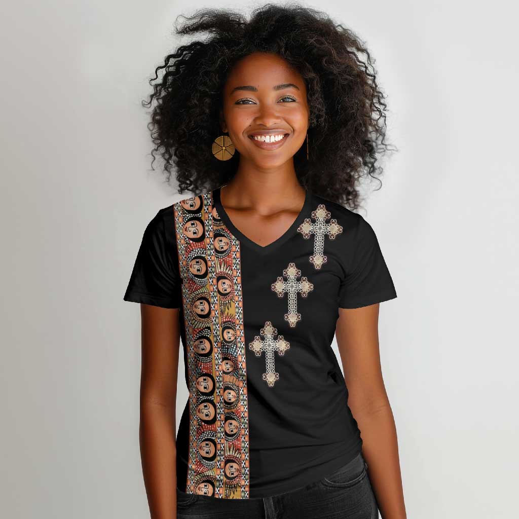 Ethiopia Angels Tilet With Cross Women V-Neck T-Shirt Black Color