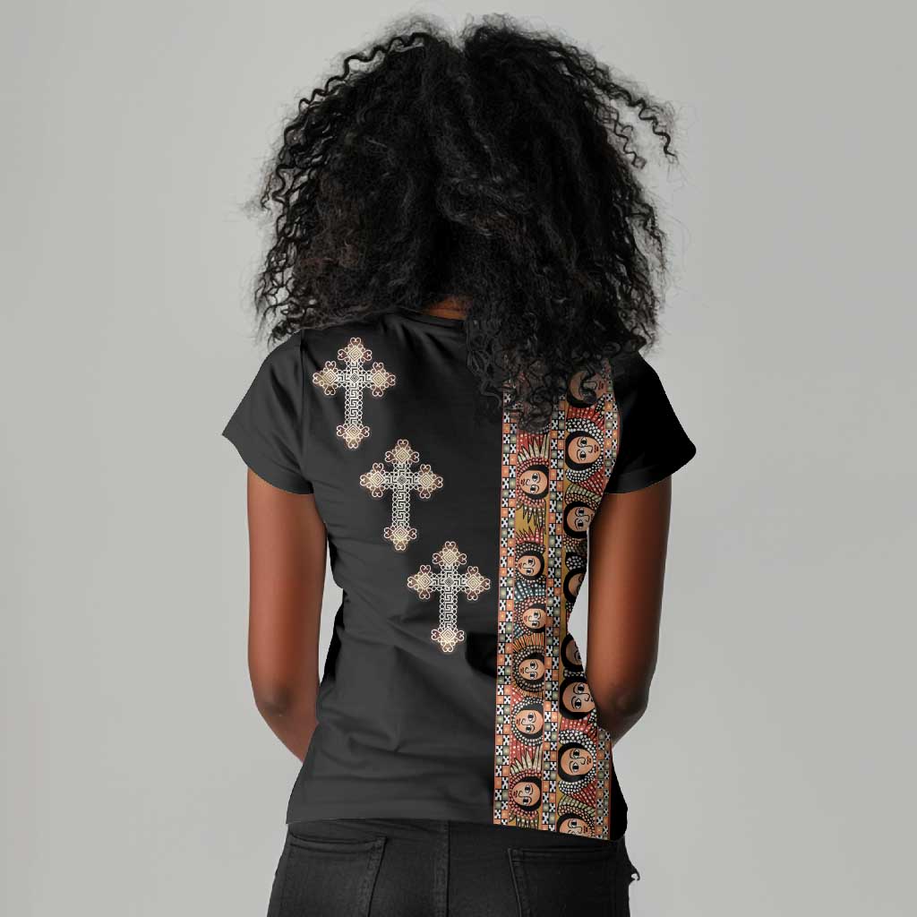 Ethiopia Angels Tilet With Cross Women V-Neck T-Shirt Black Color