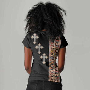 Ethiopia Angels Tilet With Cross Women V-Neck T-Shirt Black Color