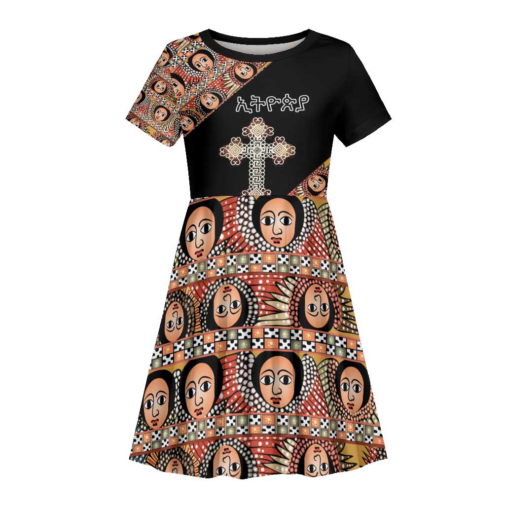 Personalized Ethiopia Kid Short Sleeve Dress Ethiopian Orthodox Church Angel Black Color