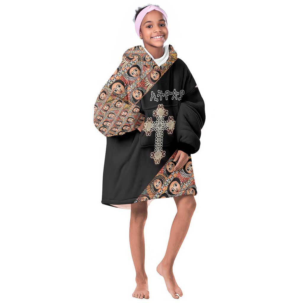 Personalized Ethiopia Kid Wearable Blanket Hoodie Ethiopian Orthodox Church Angel Black Color