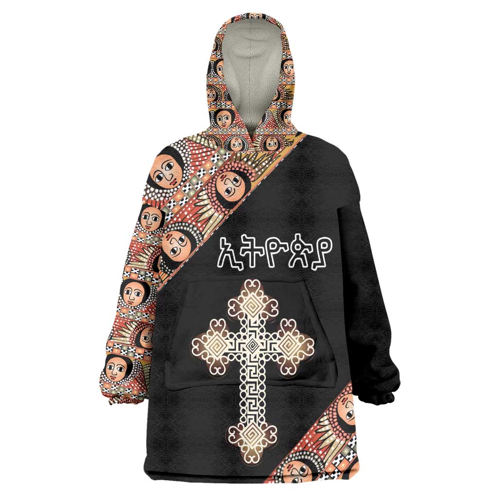 Personalized Ethiopia Kid Wearable Blanket Hoodie Ethiopian Orthodox Church Angel Black Color