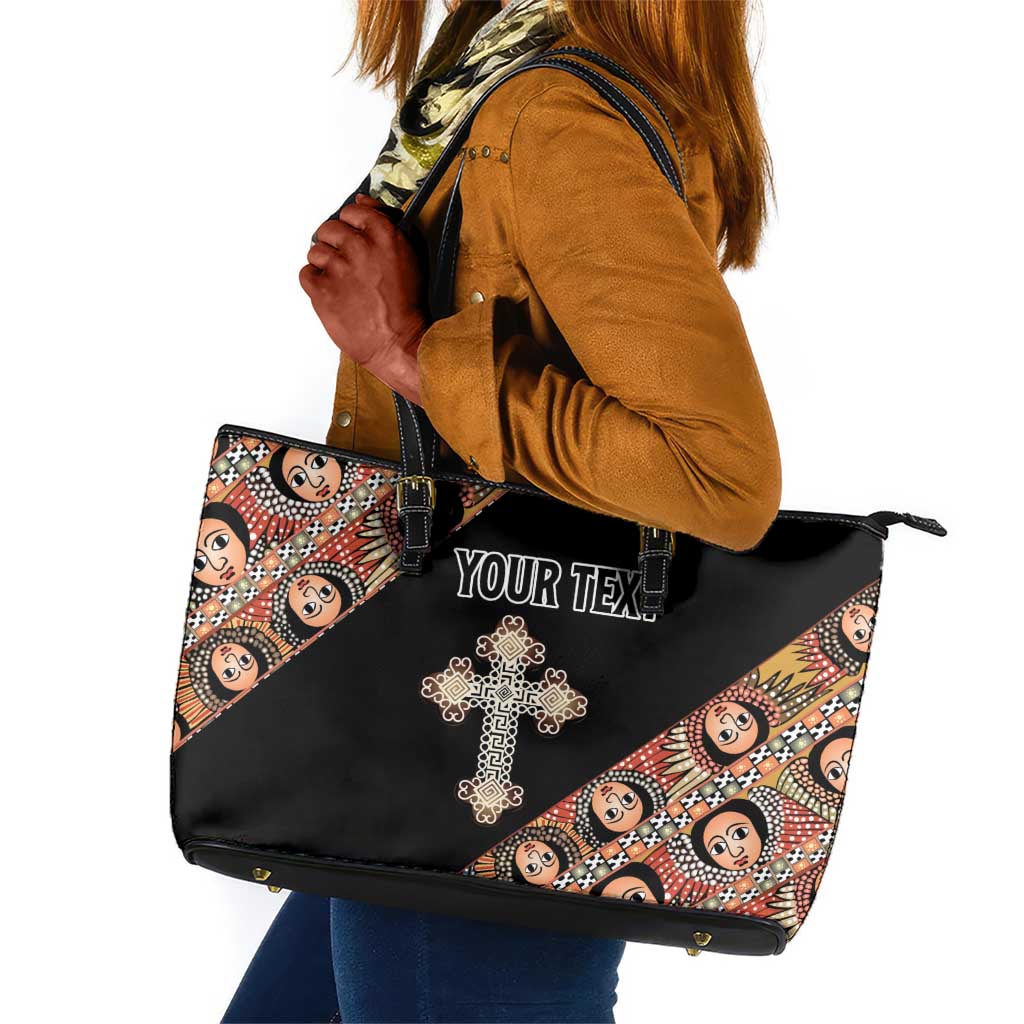 Personalized Ethiopia Leather Tote Bag Ethiopian Orthodox Church Angel Black Color