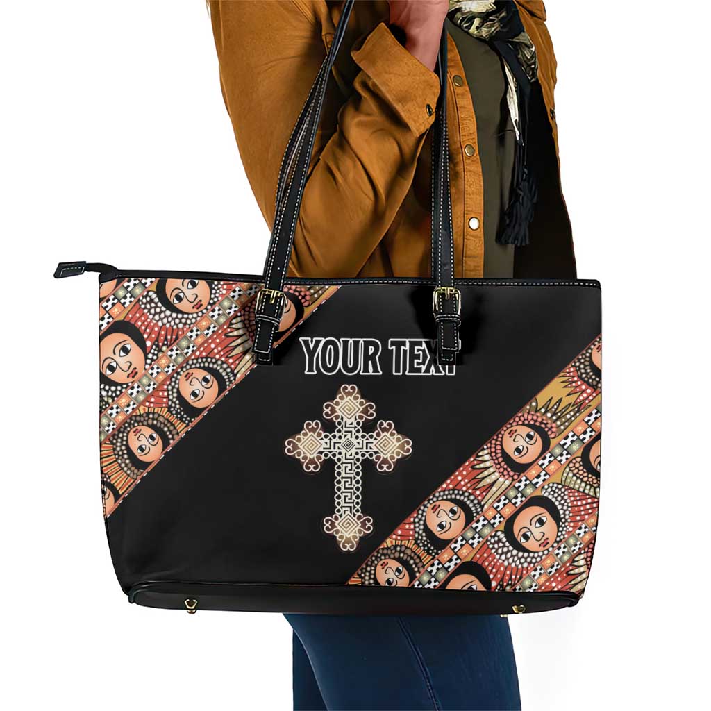 Personalized Ethiopia Leather Tote Bag Ethiopian Orthodox Church Angel Black Color
