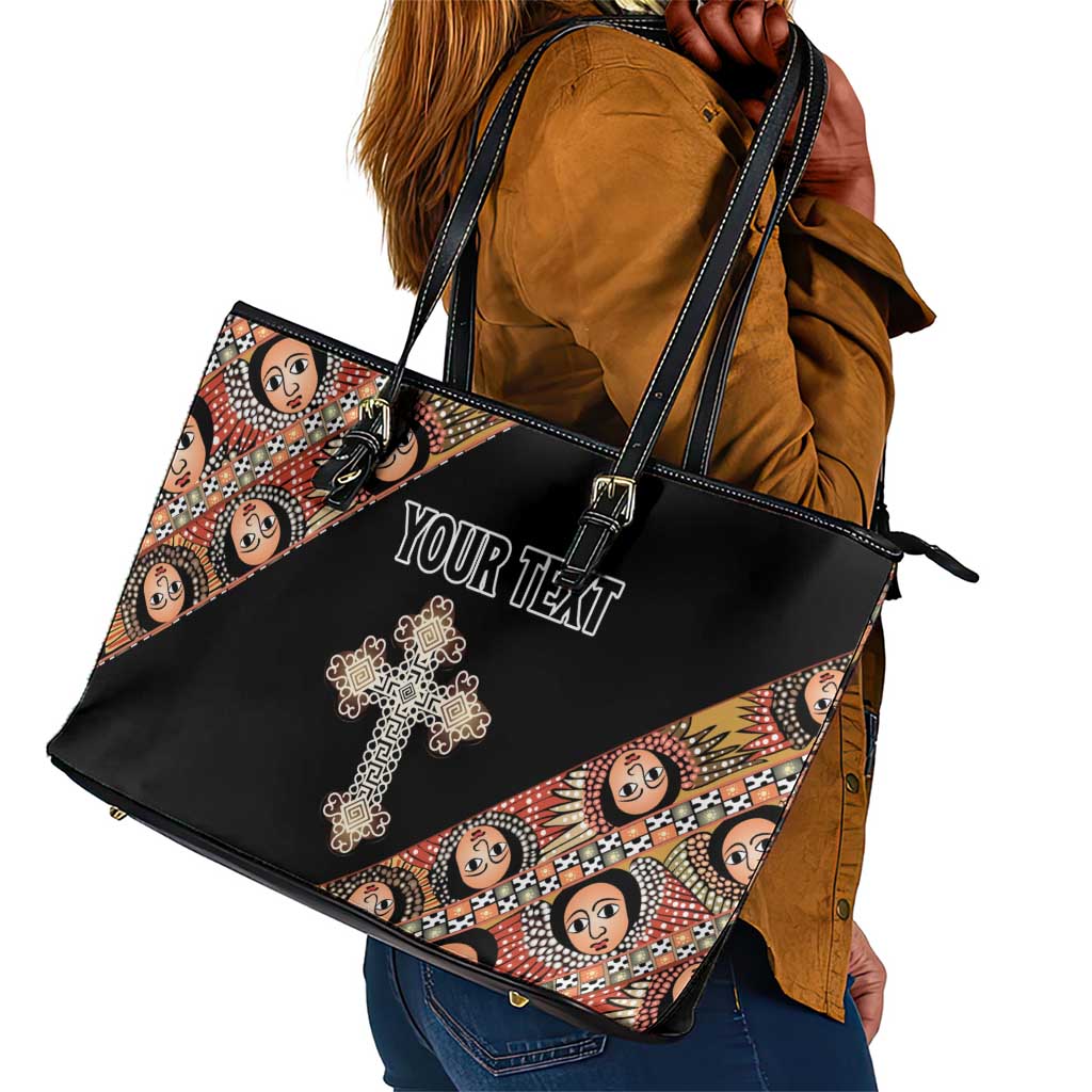 Personalized Ethiopia Leather Tote Bag Ethiopian Orthodox Church Angel Black Color