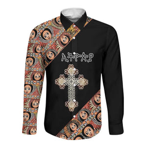 Personalized Ethiopia Long Sleeve Button Shirt Ethiopian Orthodox Church Angel Black Color