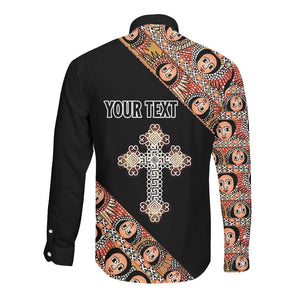 Personalized Ethiopia Long Sleeve Button Shirt Ethiopian Orthodox Church Angel Black Color