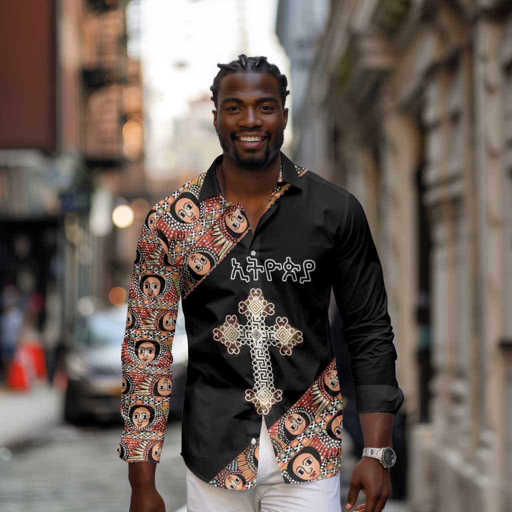 Personalized Ethiopia Long Sleeve Button Shirt Ethiopian Orthodox Church Angel Black Color
