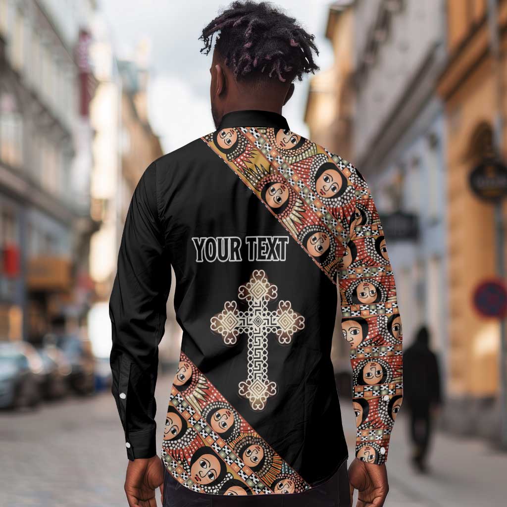 Personalized Ethiopia Long Sleeve Button Shirt Ethiopian Orthodox Church Angel Black Color