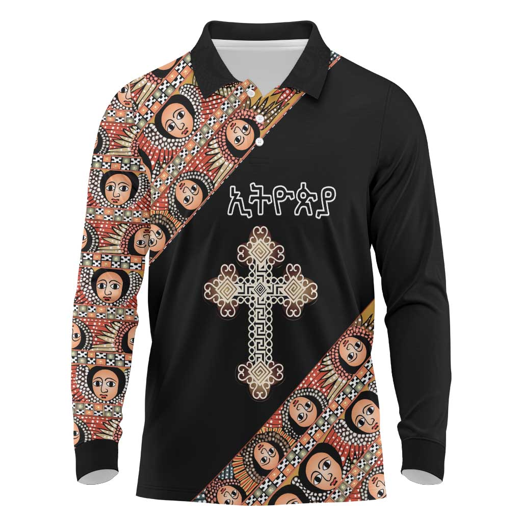 Personalized Ethiopia Long Sleeve Polo Shirt Ethiopian Orthodox Church Angel Black Color