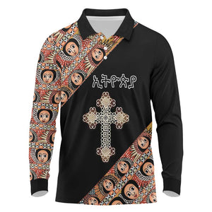 Personalized Ethiopia Long Sleeve Polo Shirt Ethiopian Orthodox Church Angel Black Color