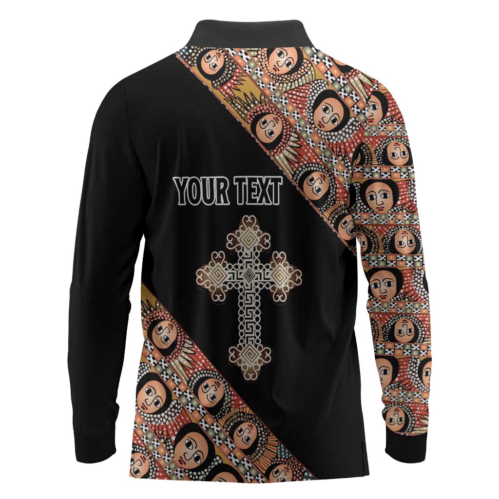 Personalized Ethiopia Long Sleeve Polo Shirt Ethiopian Orthodox Church Angel Black Color