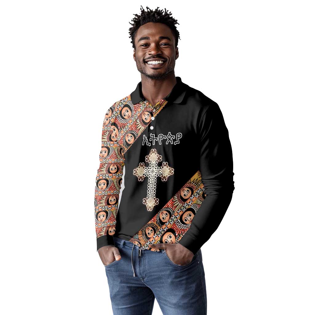 Personalized Ethiopia Long Sleeve Polo Shirt Ethiopian Orthodox Church Angel Black Color