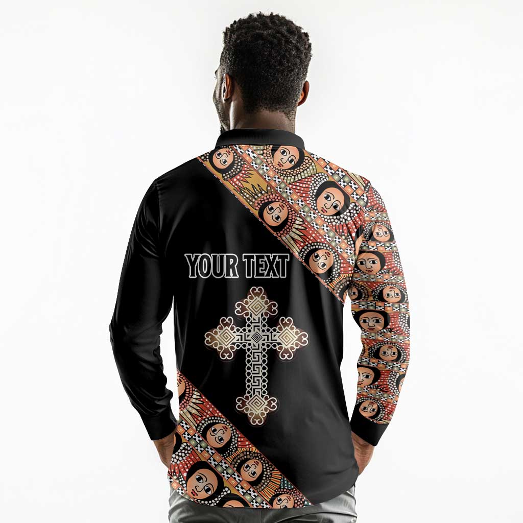 Personalized Ethiopia Long Sleeve Polo Shirt Ethiopian Orthodox Church Angel Black Color