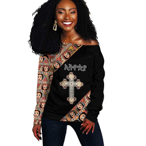Personalized Ethiopia Off Shoulder Sweater Ethiopian Orthodox Church Angel Black Color
