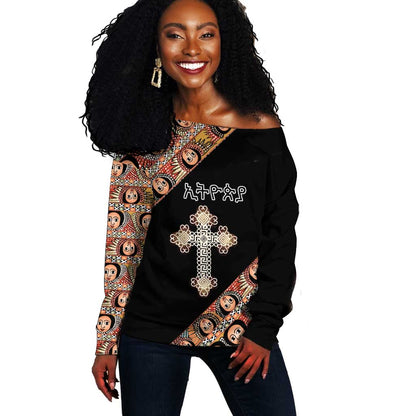 Personalized Ethiopia Off Shoulder Sweater Ethiopian Orthodox Church Angel Black Color