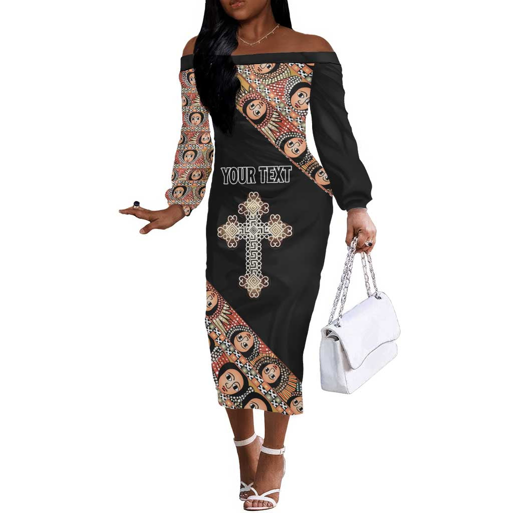 Personalized Ethiopia Off The Shoulder Long Sleeve Dress Ethiopian Orthodox Church Angel Black Color