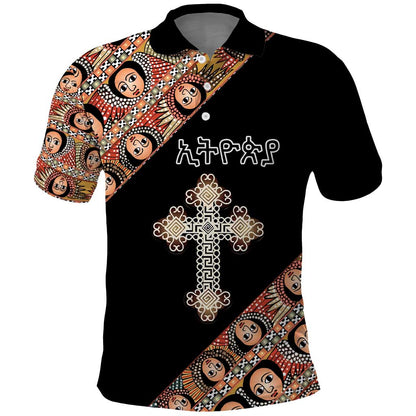 Personalized Ethiopia Polo Shirt Ethiopian Orthodox Church Angel Black Color