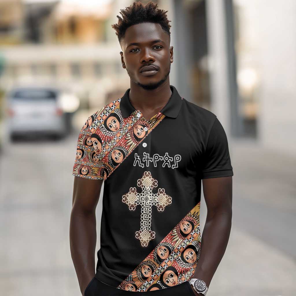 Personalized Ethiopia Polo Shirt Ethiopian Orthodox Church Angel Black Color