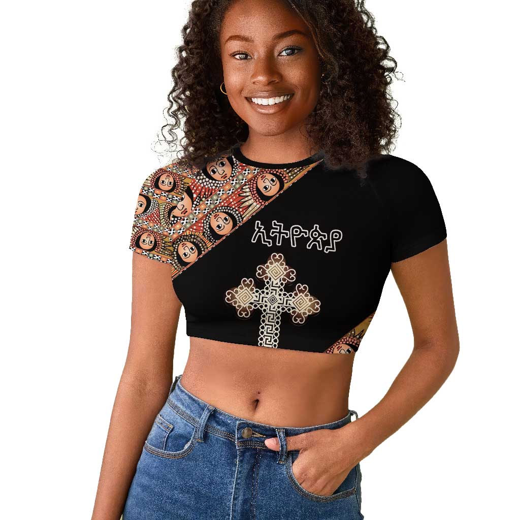 Personalized Ethiopia Raglan Cropped T shirt Ethiopian Orthodox Church Angel Black Color