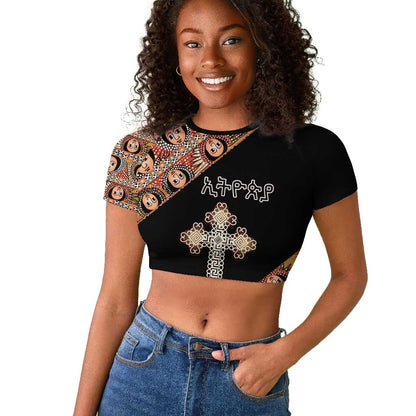 Personalized Ethiopia Raglan Cropped T shirt Ethiopian Orthodox Church Angel Black Color