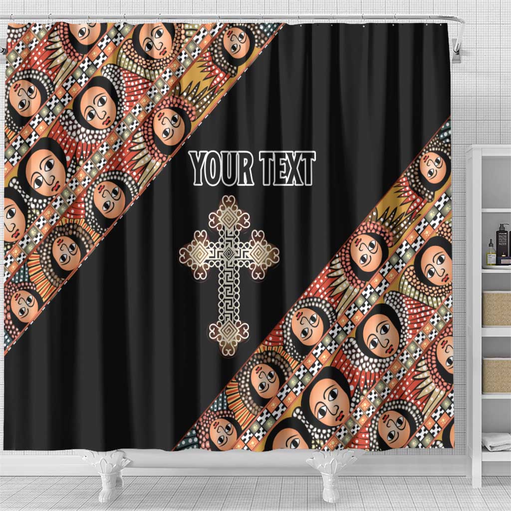 Personalized Ethiopia Shower Curtain Ethiopian Orthodox Church Angel Black Color