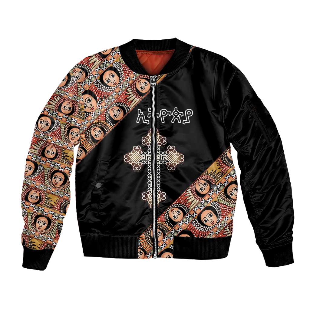 Personalized Ethiopia Sleeve Zip Bomber Jacket Ethiopian Orthodox Church Angel Black Color
