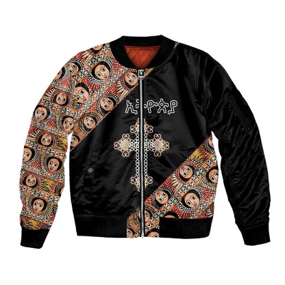 Personalized Ethiopia Sleeve Zip Bomber Jacket Ethiopian Orthodox Church Angel Black Color