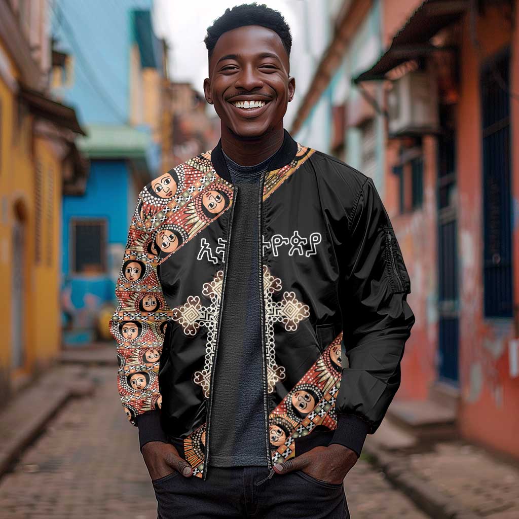 Personalized Ethiopia Sleeve Zip Bomber Jacket Ethiopian Orthodox Church Angel Black Color