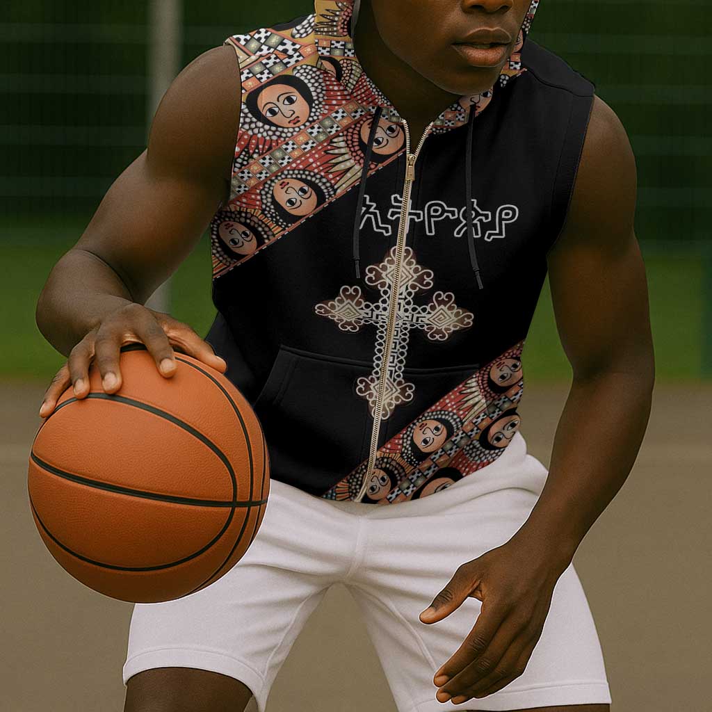 Personalized Ethiopia Sleeveless Zip Hoodie Ethiopian Orthodox Church Angel Black Color - African Pride