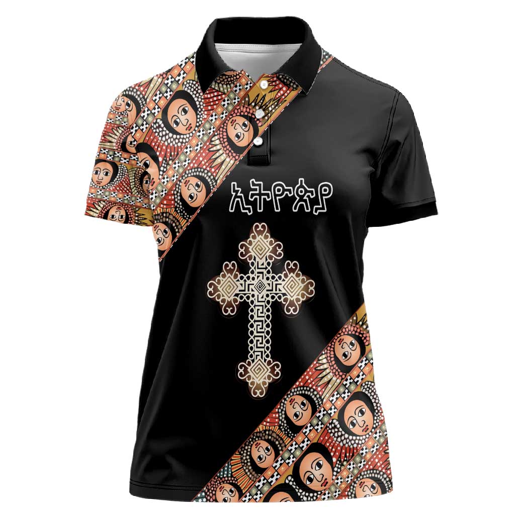 Personalized Ethiopia Women Polo Shirt Ethiopian Orthodox Church Angel Black Color