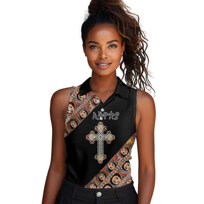 Personalized Ethiopia Women Sleeveless Polo Shirt Ethiopian Orthodox Church Angel Black Color
