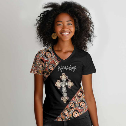 Personalized Ethiopia Women V-Neck T-Shirt Ethiopian Orthodox Church Angel Black Color