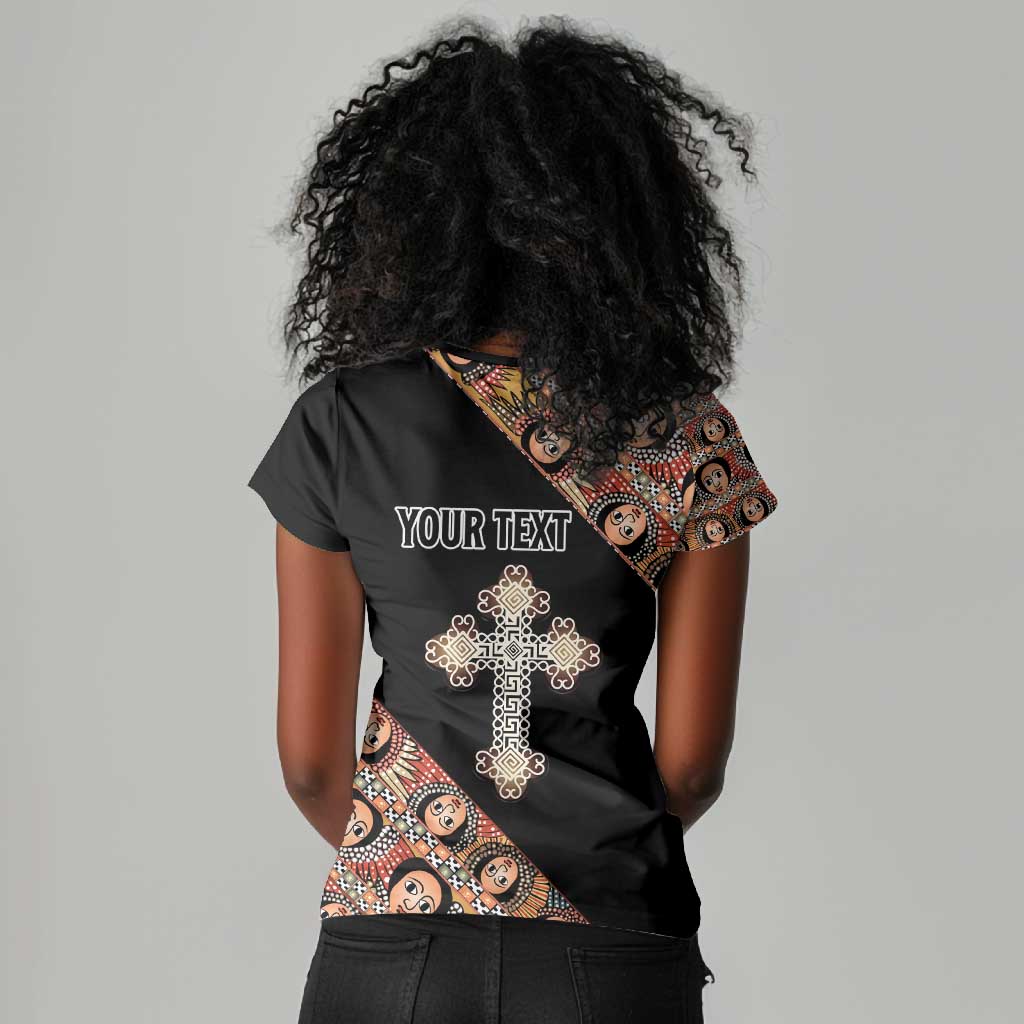 Personalized Ethiopia Women V-Neck T-Shirt Ethiopian Orthodox Church Angel Black Color