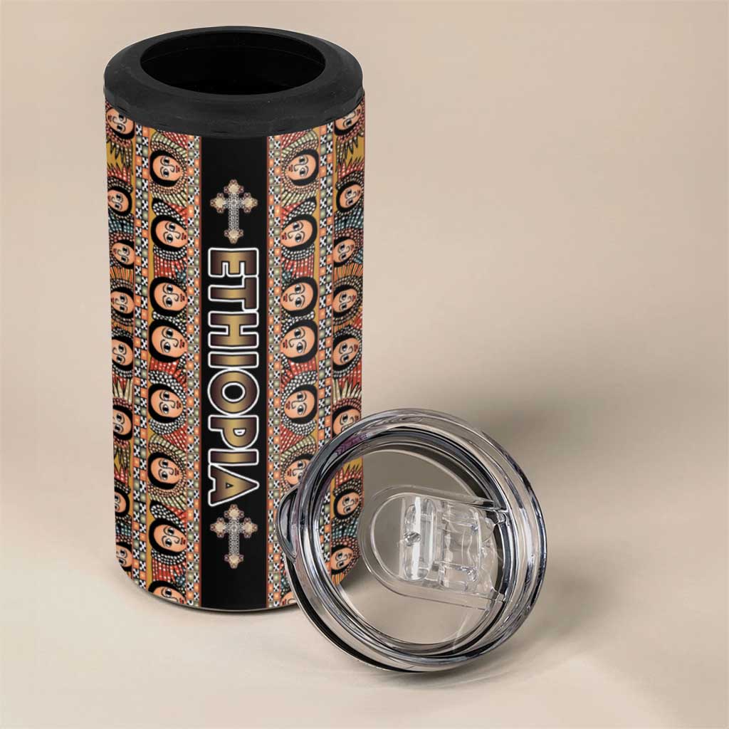 Personalized Ethiopia 4 in 1 Can Cooler Tumbler Ethiopian Tewahedo Angel Orthodox Black Color