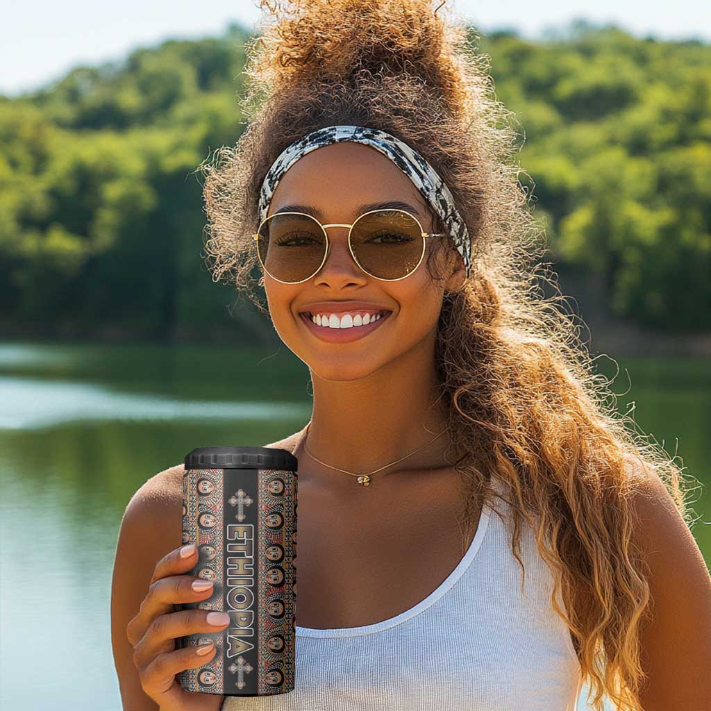 Personalized Ethiopia 4 in 1 Can Cooler Tumbler Ethiopian Tewahedo Angel Orthodox Black Color
