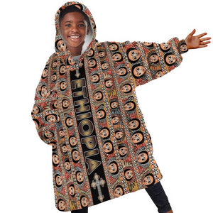 Personalized Ethiopia Kid Wearable Blanket Hoodie Ethiopian Tewahedo Angel Orthodox Black Color