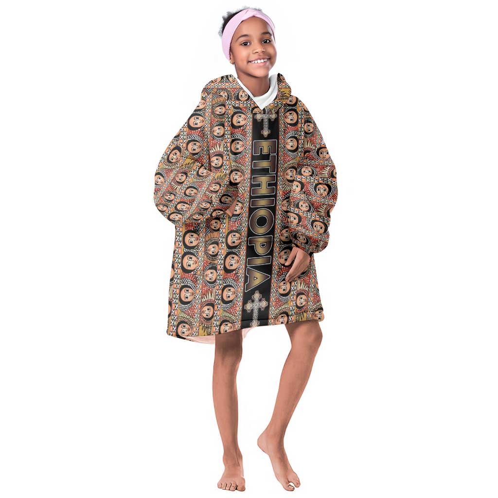 Personalized Ethiopia Kid Wearable Blanket Hoodie Ethiopian Tewahedo Angel Orthodox Black Color