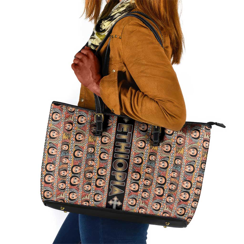 Ethiopia Leather Tote Bag Ethiopian Tewahedo Angel Orthodox Black Color