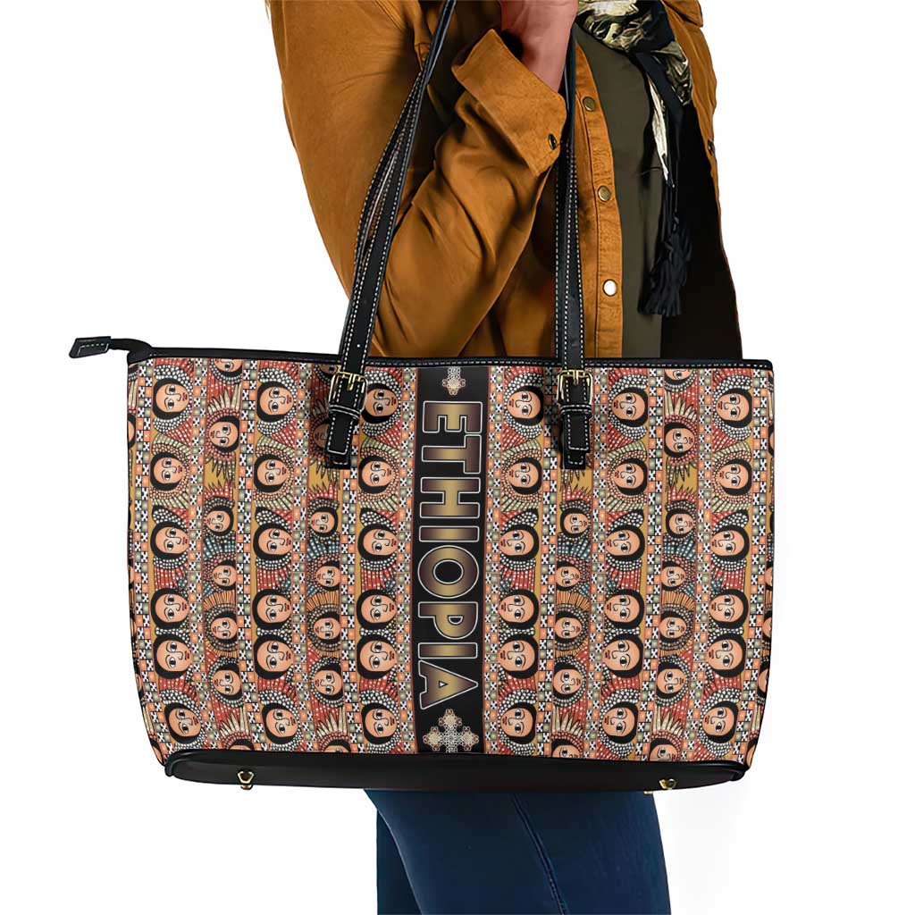 Ethiopia Leather Tote Bag Ethiopian Tewahedo Angel Orthodox Black Color