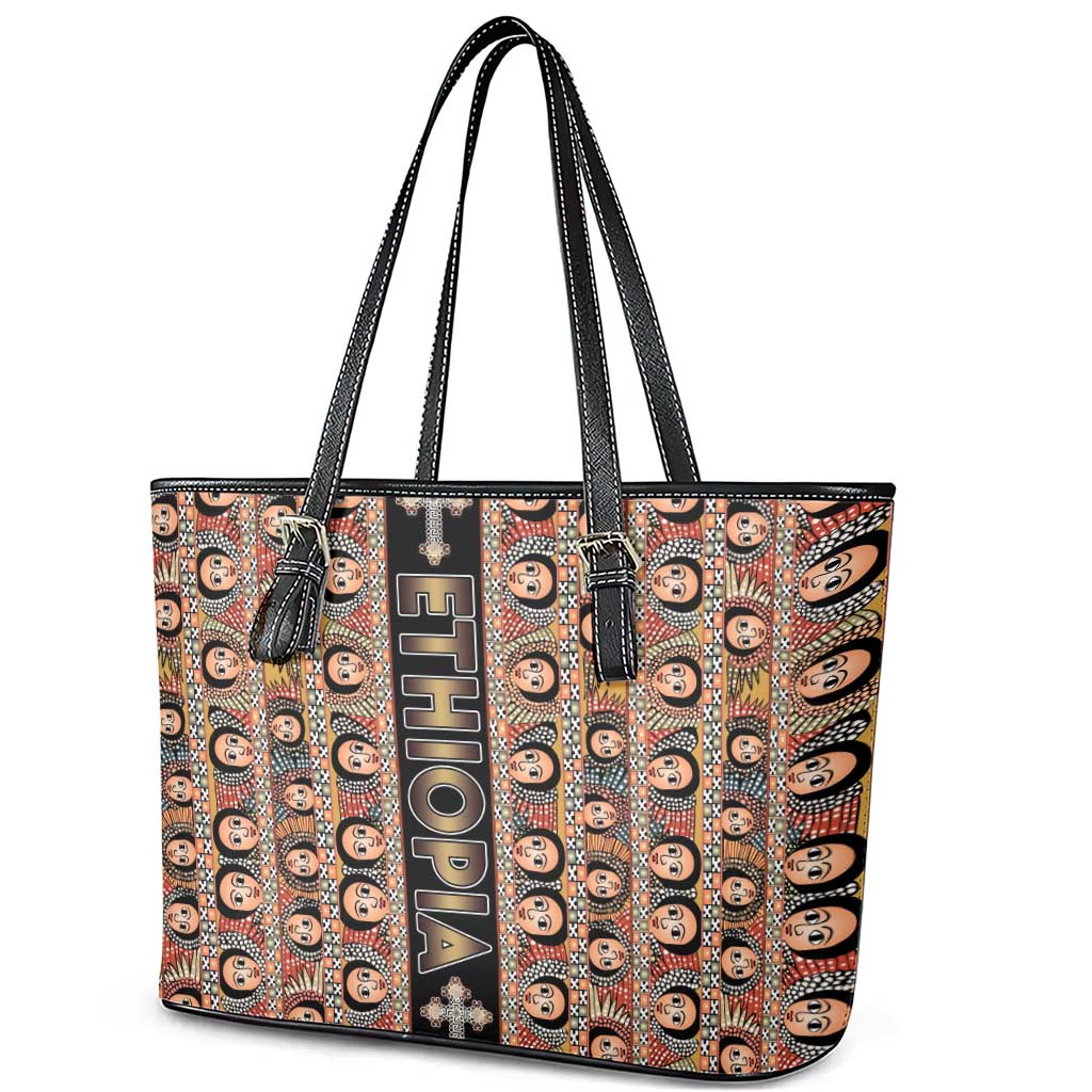 Ethiopia Leather Tote Bag Ethiopian Tewahedo Angel Orthodox Black Color