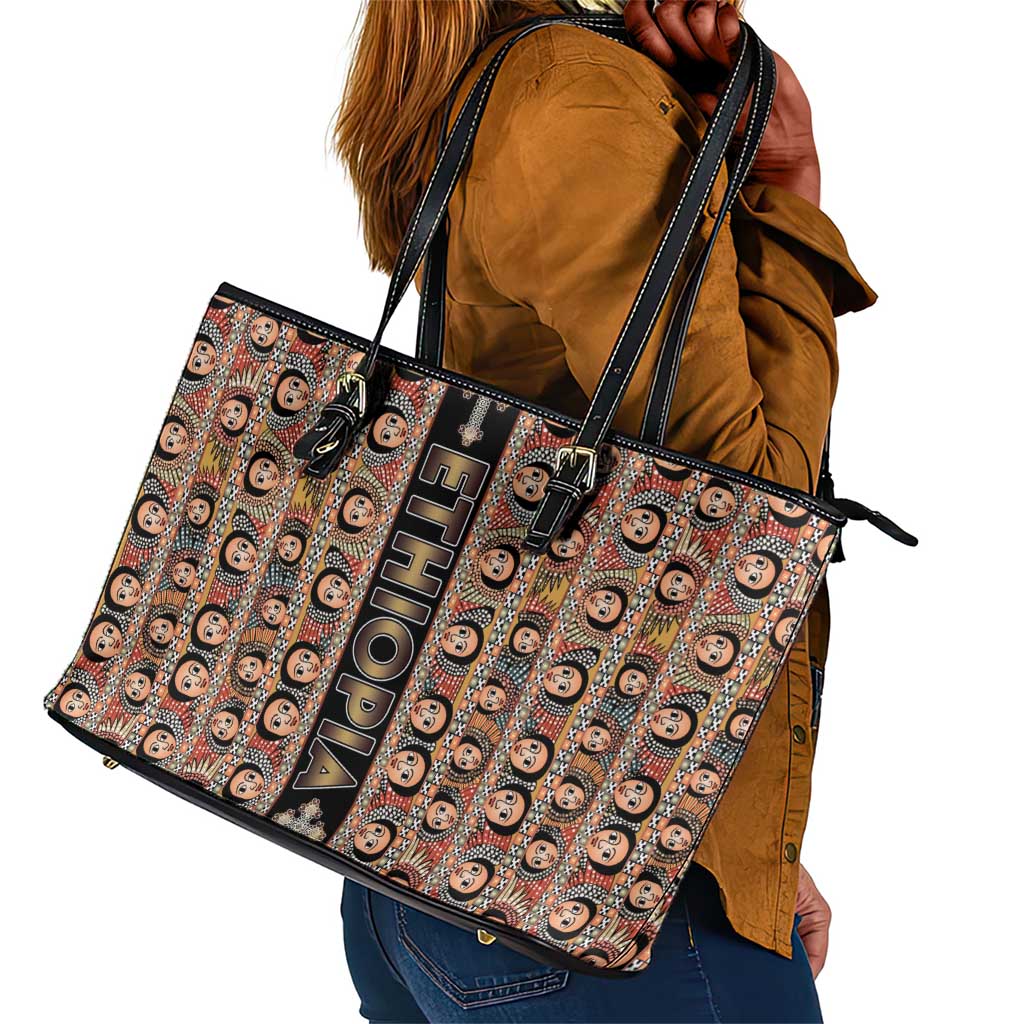 Ethiopia Leather Tote Bag Ethiopian Tewahedo Angel Orthodox Black Color