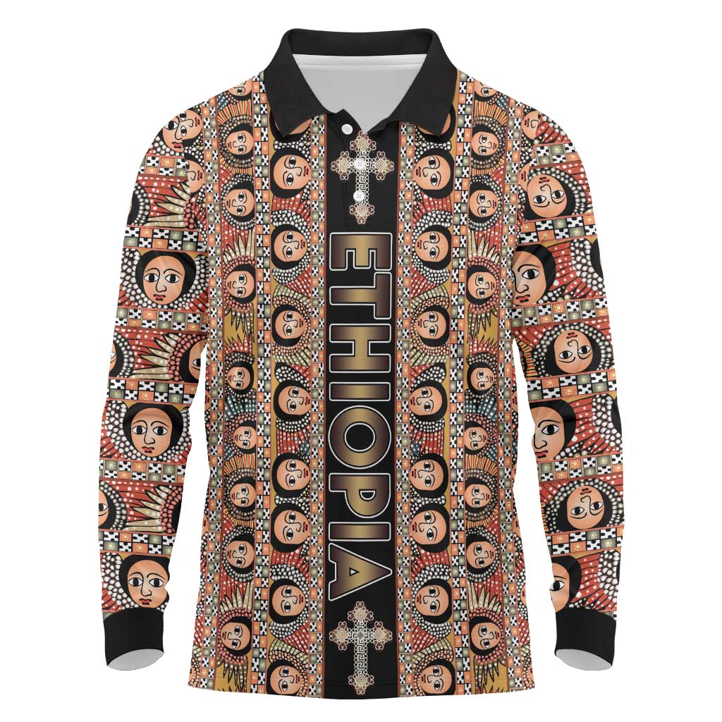 Personalized Ethiopia Long Sleeve Polo Shirt Ethiopian Tewahedo Angel Orthodox Black Color