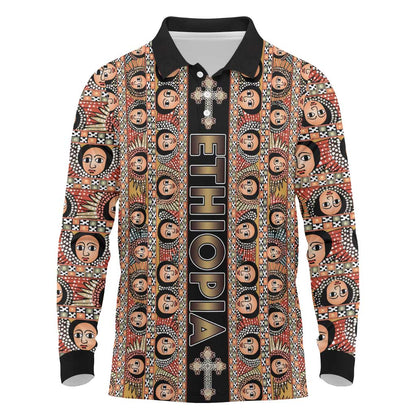 Personalized Ethiopia Long Sleeve Polo Shirt Ethiopian Tewahedo Angel Orthodox Black Color
